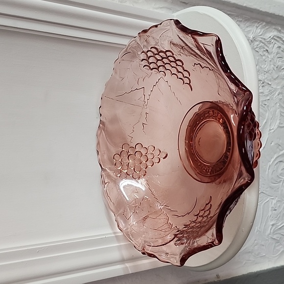 Vintage Rose Glass Bowl with Raised Grapes and Etched Leaves, Depression, Pink - Picture 2 of 5